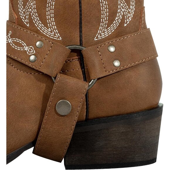 Women's Brown Fashion Western Square Toe Booties With Removable Buckle Strap - Picture 5 of 9